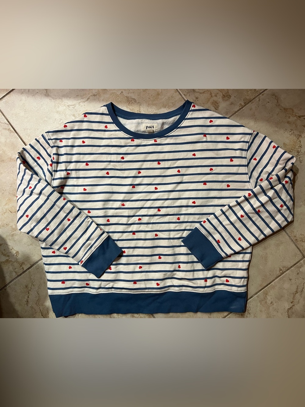 ‼️EUC: Pact Organic Blue Striped Heart Long Sleeve Sweater - XL